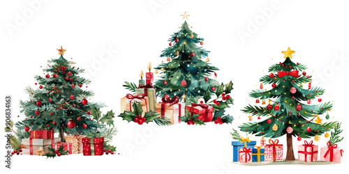 Three colorful and vibrant Christmas trees watercolor, each decorated with ornaments and surrounded by gift boxes, in a festive setting. Three Festively Decorated Christmas Trees

