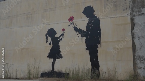 A large mural depicts a girl offering flowers to a soldier, symbolizing peace and innocence in an urban setting. photo