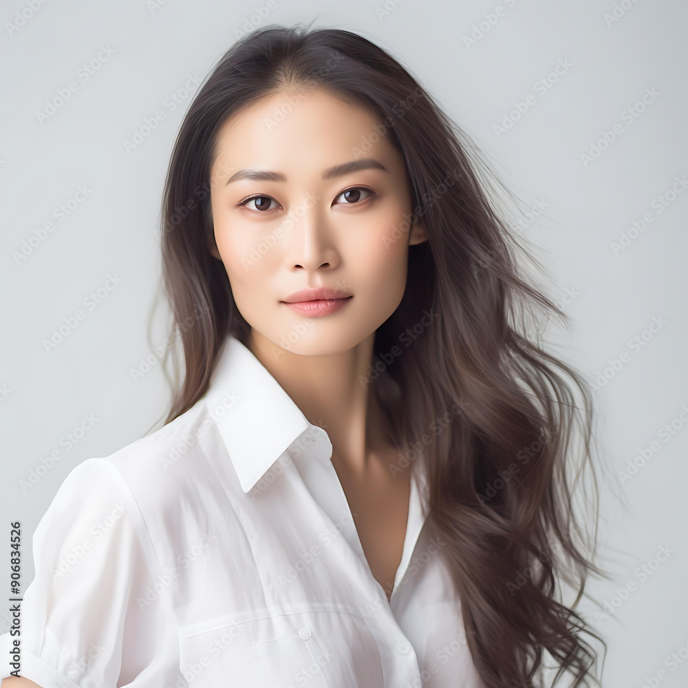 A woman with long, wavy hair in a white shirt looks confidently at the camera, Ideal for business, fashion, and beauty themes, Can be used in advertisements, articles, and professional profiles, A woman with long, wavy hair in a white shirt looks confidently at the camera, Ideal for business, fashion, and beauty themes, Can be used in advertisements, articles, and professional profiles,