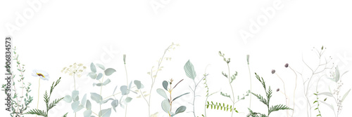 Herbs, branches and wildflowers vector frame. Hand painted branches, leaves on white background. Greenery wedding simple minimalist invitation.Watercolor style card. Elements are isolated and editable