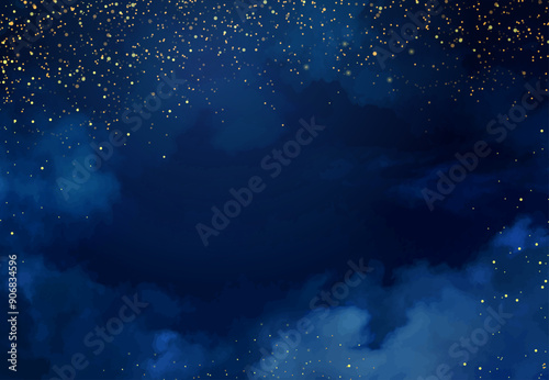 Magic night dark blue frame with sparkling glitter bokeh and light art. Square vector wedding card. Gold confetti and navy background. Golden scattered celestial dust. Fairytale magic star template