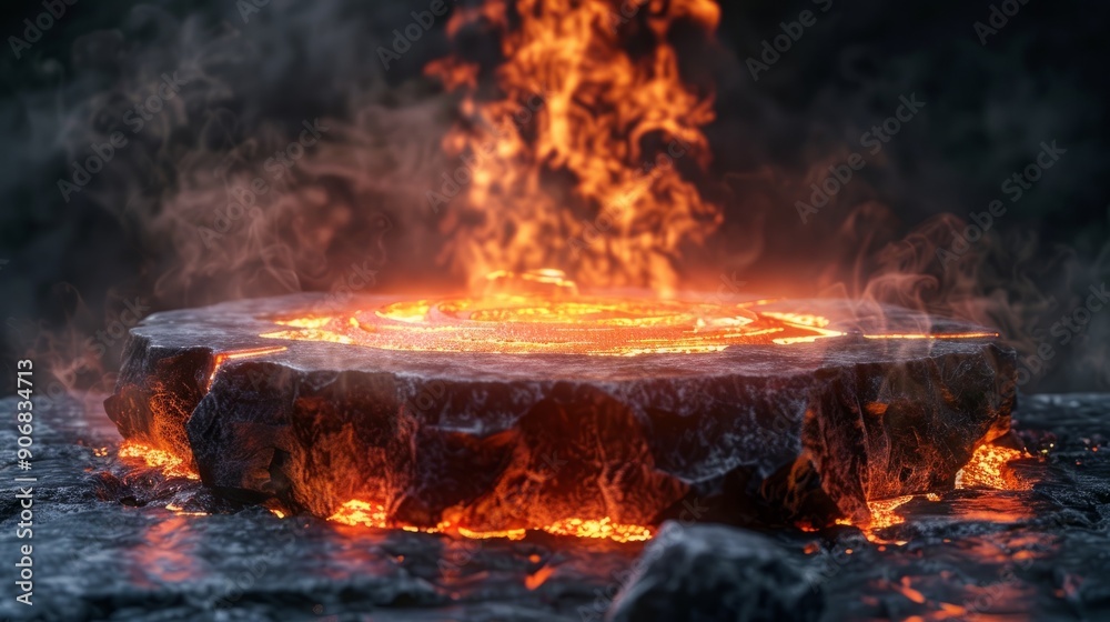 Lava erupting from rock podium against a dramatic volcano background Lava erupting from rock podium against a dramatic volcano background