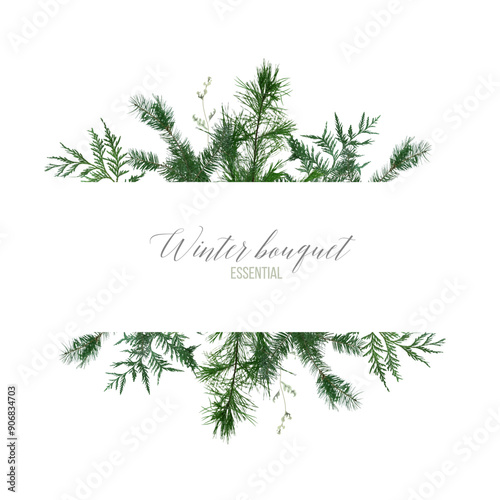 Emerald christmas greenery, spruce, fir, pine seasonal vector design frame. Woodland simple style. Winter chic wedding or new year party invitation card. Watercolor style banner. Isolated and editable