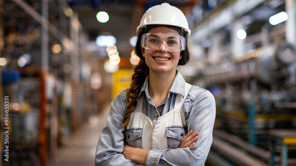 female engineer wearing a safety helmet and glasses standing in a factory female engineer wearing a safety helmet and glasses standing in a factory