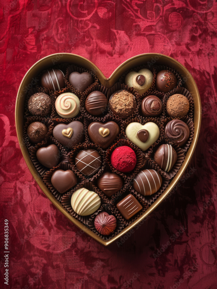 Assorted chocolates in a heart-shaped box on a red background Assorted chocolates in a heart-shaped box on a red background