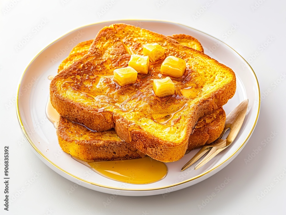 A plate of french toast with butter and syrup on it A plate of french toast with butter and syrup on it