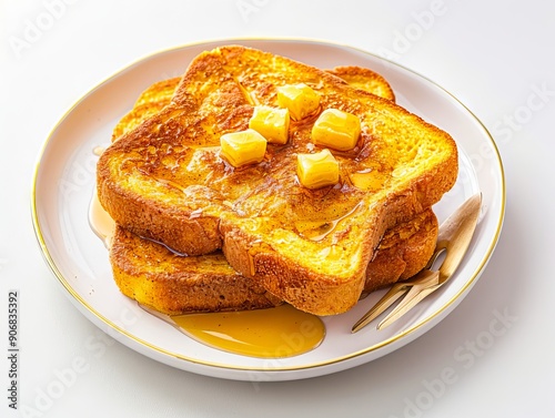 A plate of french toast with butter and syrup on it