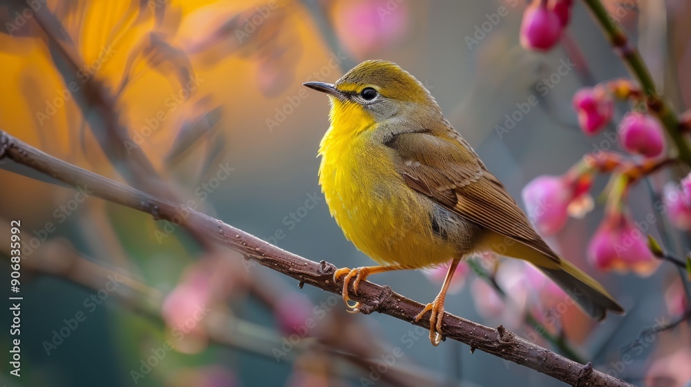 Yellow bird perched on branch with blossoming pink flowers in bright nature setting Yellow bird perched on branch with blossoming pink flowers in bright nature setting