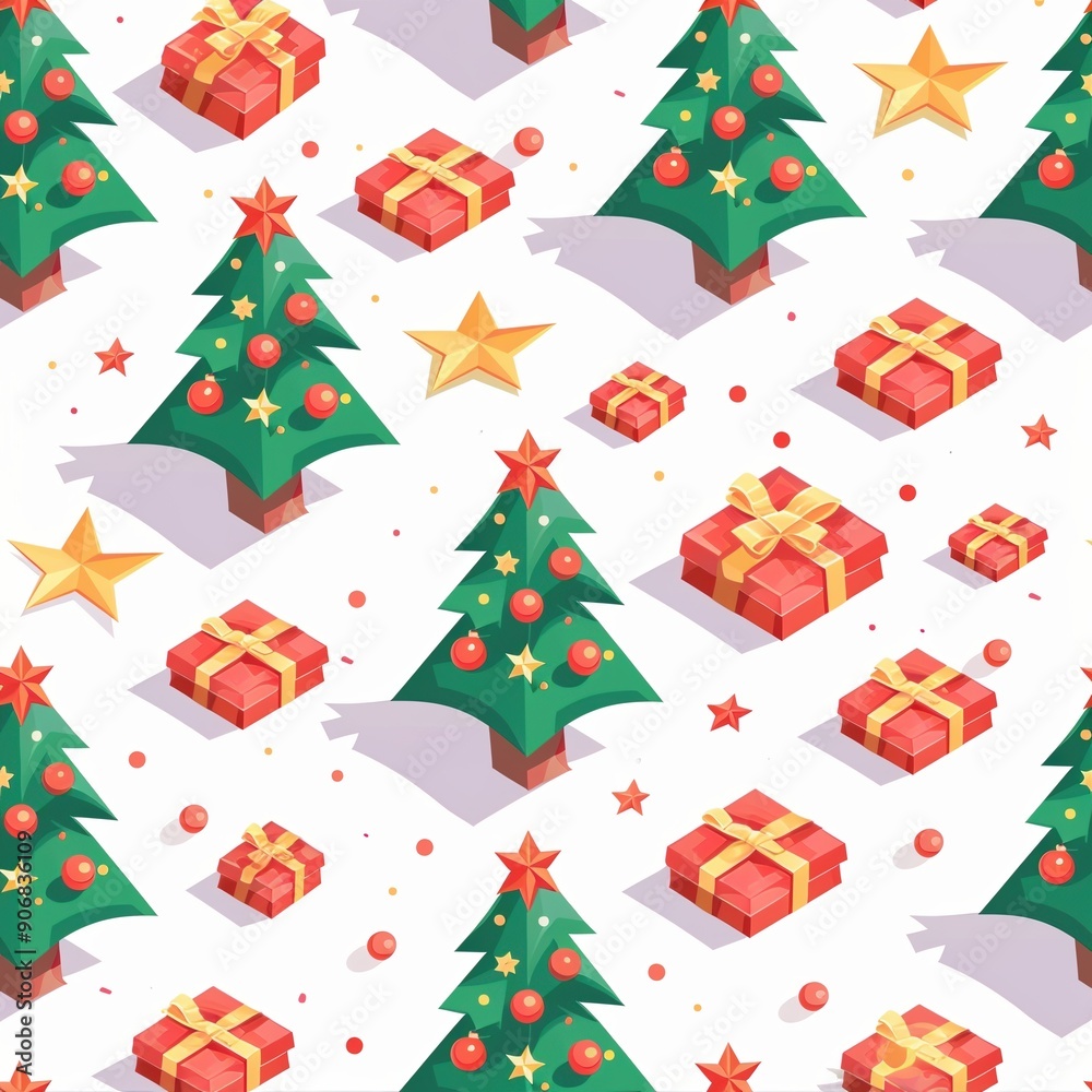 Festive pattern of Christmas trees, stars, and gift boxes on a white background. Festive pattern of Christmas trees, stars, and gift boxes on a white background.