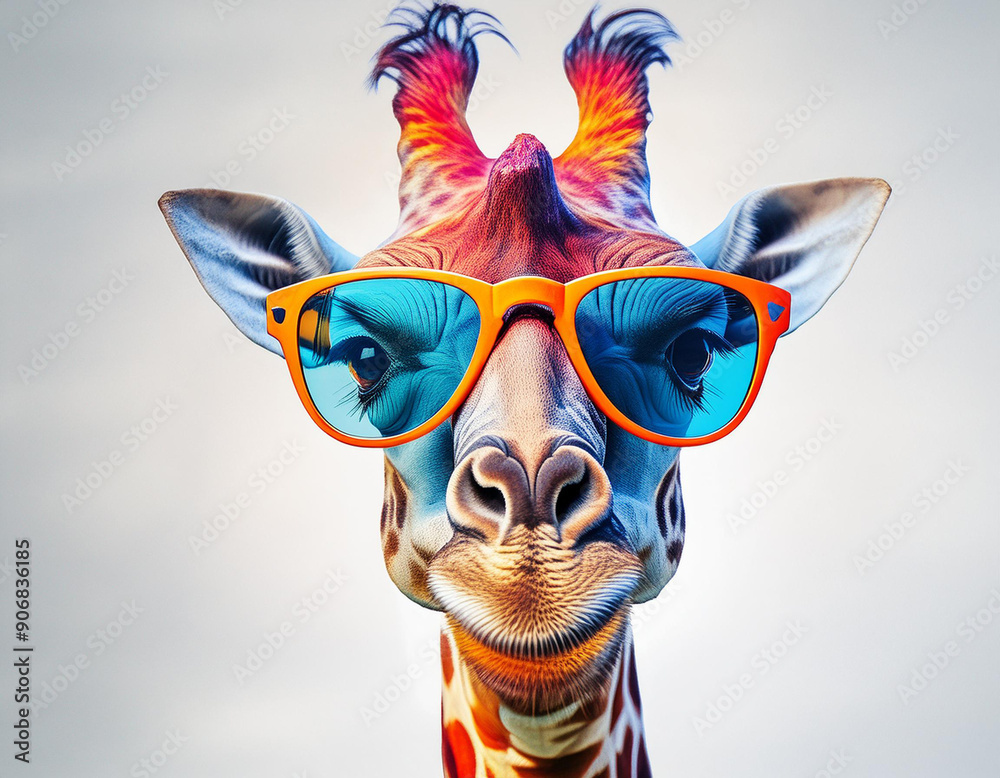 Colorful giraffe with sunglasses on white background.