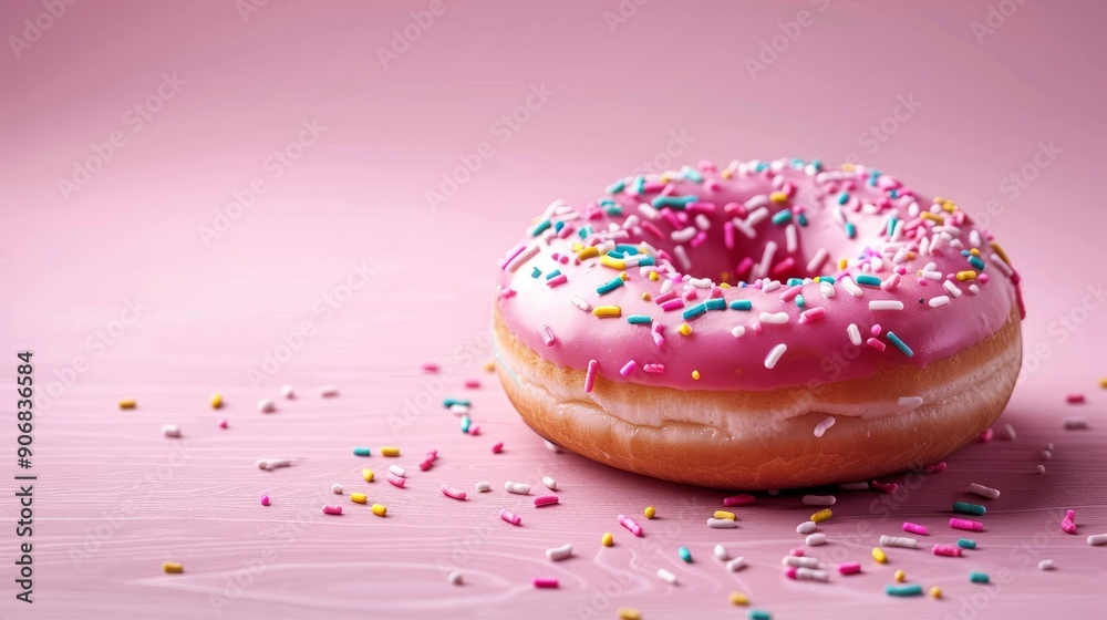 Pink frosted donut with sprinkles on light pink background Pink frosted donut with sprinkles on light pink background