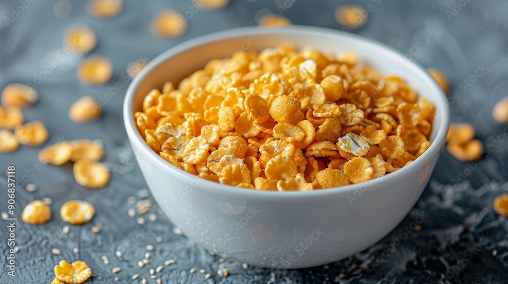 Close up of a white bowl filled with golden snack on grey tabletop