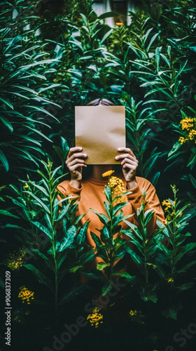 beautiful girl holding a sheet of craft paper, copy space, hiding her face, lush vegetation around, grainy vintage moody poster photo