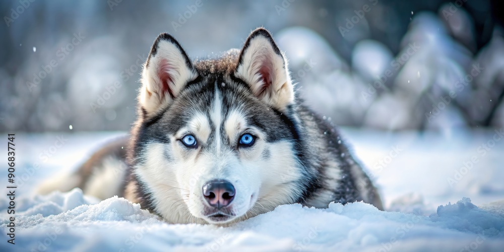 Siberian Husky lying in snow with piercing blue eyes, embodying winter beauty , Husky, snow, blue eyes, winter, cold, fur, white Siberian Husky lying in snow with piercing blue eyes, embodying winter beauty , Husky, snow, blue eyes, winter, cold, fur, white