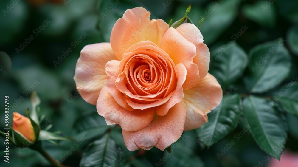 Peach colored rose blooming in a garden viewed from above Peach colored rose blooming in a garden viewed from above