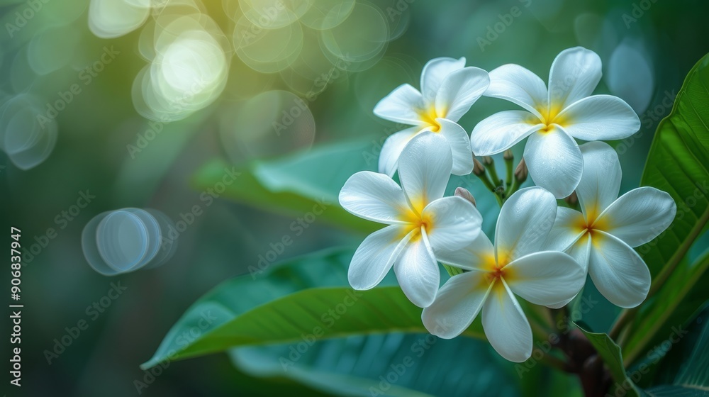 Naklejka premium White plumeria flowers blooming amidst lush green leaves in tropical garden