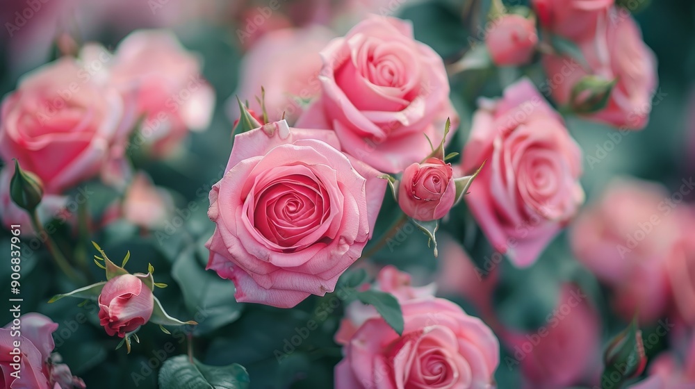 Close up of blooming pink roses in a garden during daylight Close up of blooming pink roses in a garden during daylight