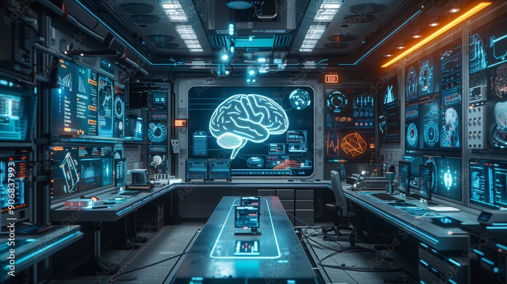 The interior showcases a high-tech medical research facility filled with digital displays and advanced equipment focused on neurological studies. The interior showcases a high-tech medical research facility filled with digital displays and advanced equipment focused on neurological studies.