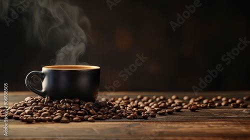 Steaming coffee cup surrounded by fresh beans on rustic wooden surface