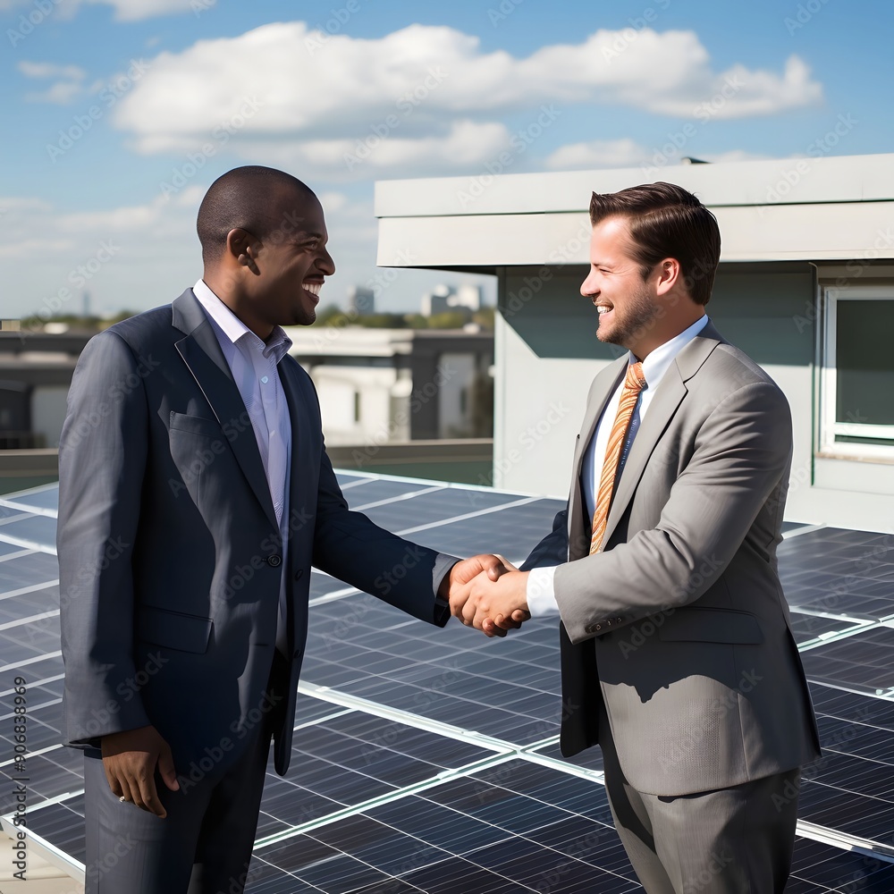 Two Businessmen Shaking Hands Over Solar Panels Two Businessmen Shaking Hands Over Solar Panels