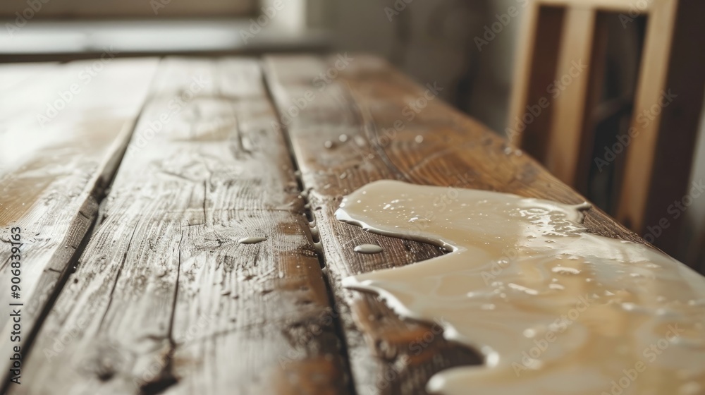 Spilled milk on wooden table in rustic kitchen during daylight Spilled milk on wooden table in rustic kitchen during daylight