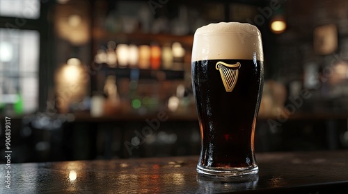 A frothy Guinness beer with a creamy head, enjoyed in an Irish pub.
