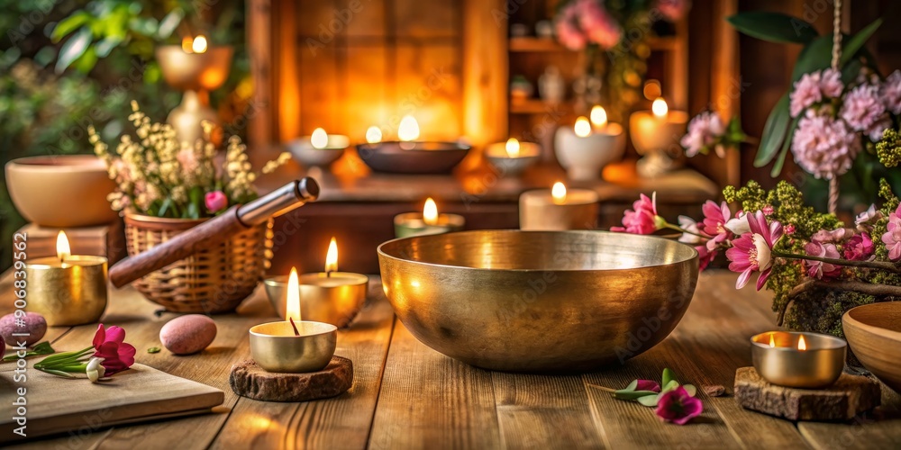 A Golden Singing Bowl With Candles and Flowers On Wooden Table, Relaxing, Meditation, Healing, Tranquility A Golden Singing Bowl With Candles and Flowers On Wooden Table, Relaxing, Meditation, Healing, Tranquility