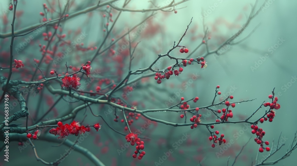 Lovely branches with red berries in a misty forest during early morning Lovely branches with red berries in a misty forest during early morning