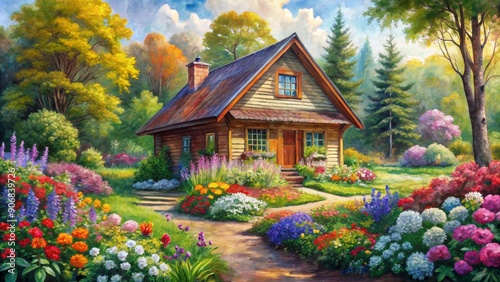 A Rustic Cabin Nestled in a Garden of Blooms, Oil Painting, Colorful Flowers, Cottagecore , garden , cabin , cottagecore