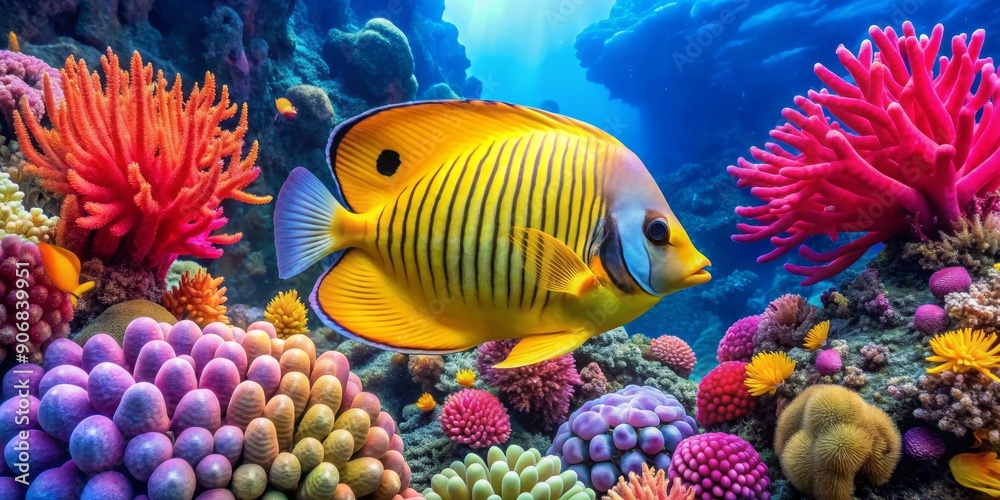 Fototapeta premium A Vibrant Reef Scene Featuring a Yellow and Black Striped Fish, Colorful Coral and a Blue Background, Underwater Photography, Marine Life, Coral Reef, Tropical Fish, Ocean