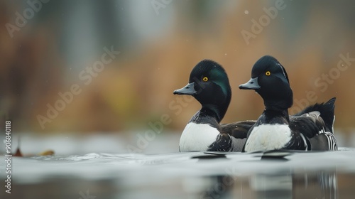 Male tufted ducks swimming in calm water at sunrise