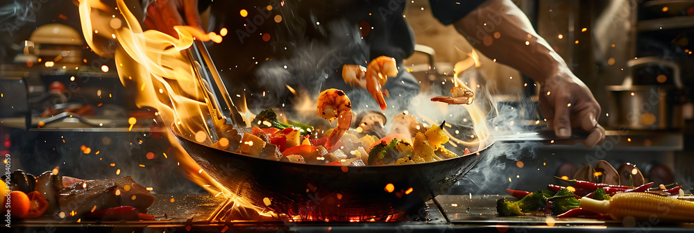 © Mary - A chef is cooking in the kitchen he has fire coming © Mary - A chef is cooking in the kitchen he has fire coming