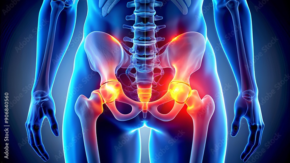Human Anatomy X-ray of Spine and Pelvic Region, Focusing on Lower Back Pain, Joint Inflammation, and Pelvic Discomfort, Representing Orthopedic Health and Musculoskeletal Conditions.
