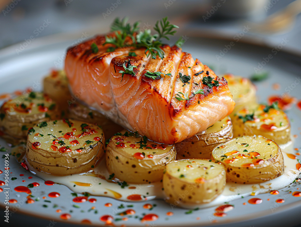 a plate of cooked salmon steak with a side of mashed potatoes and a sauce, presented on a dining table.