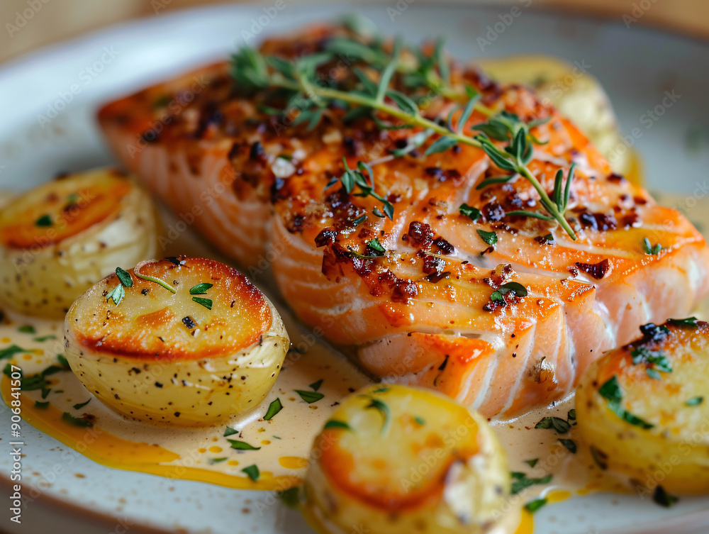 a plate of cooked salmon steak with a side of mashed potatoes and a sauce, presented on a dining table. a plate of cooked salmon steak with a side of mashed potatoes and a sauce, presented on a dining table.