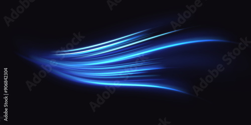 Blue wind waves effect. Abstract light motion trails with sparkles isolated on black background. Light blue Twirl. Curve light effect of blue line. Luminous blue circle.