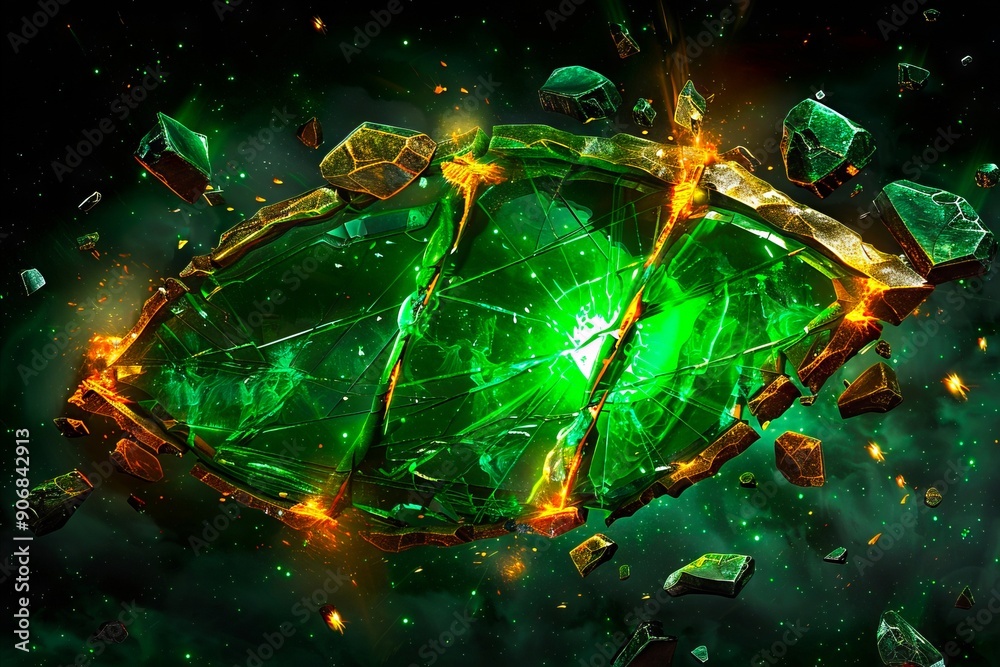 Fototapeta premium A green and yellow crystal in the middle of a space filled with asteroids