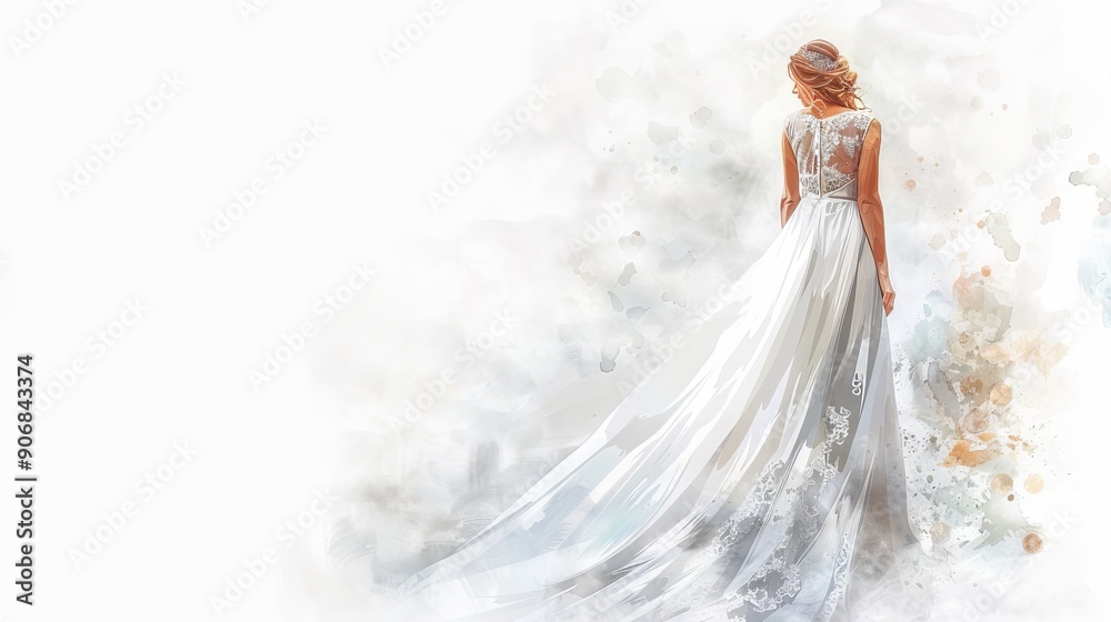 Watercolor art of bride in a white wedding dress. Concept of bridal fashion, wedding attire, bride gown, marriage. Copy space Watercolor art of bride in a white wedding dress. Concept of bridal fashion, wedding attire, bride gown, marriage. Copy space