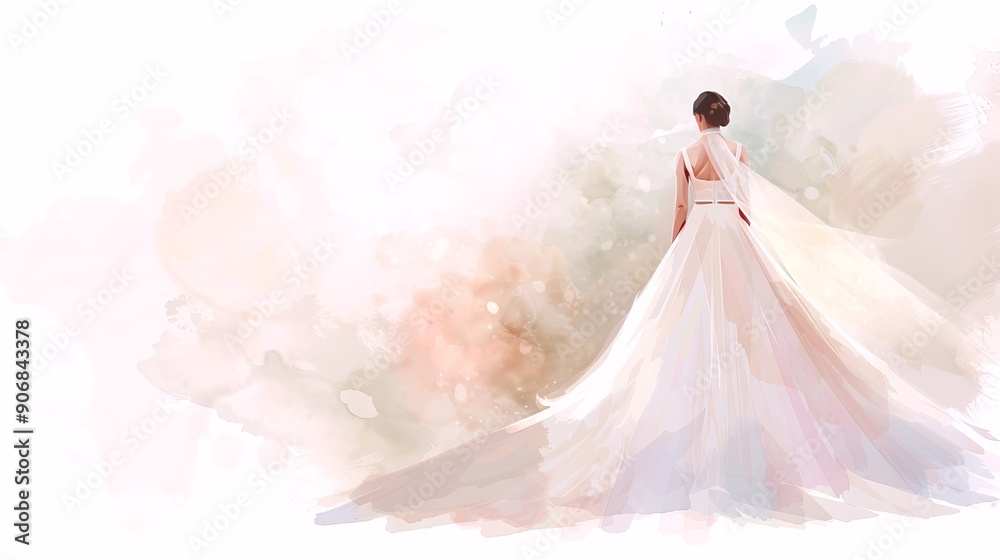 Watercolor art of bride in a white wedding dress. Concept of bridal fashion, wedding attire, bride gown, marriage. Copy space Watercolor art of bride in a white wedding dress. Concept of bridal fashion, wedding attire, bride gown, marriage. Copy space