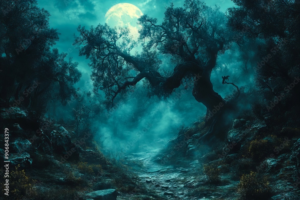 A dark forest with a full moon in the background A dark forest with a full moon in the background