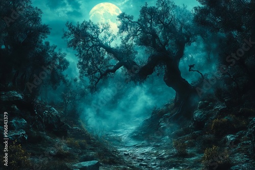 A dark forest with a full moon in the background