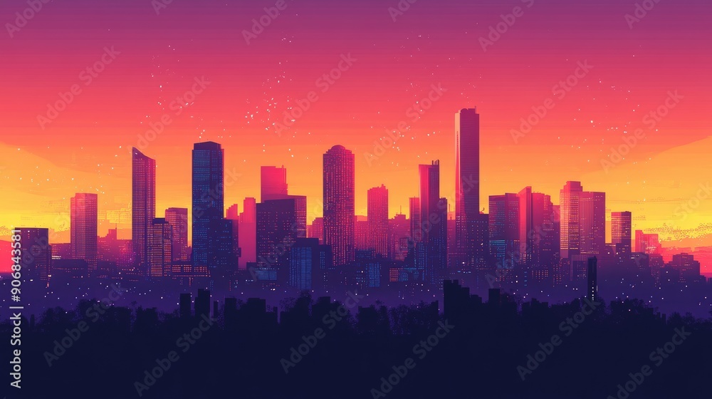 Fototapeta premium Vector illustration of a silhouette city skyline at sunset, with vibrant colors and detailed skyscrapers.
