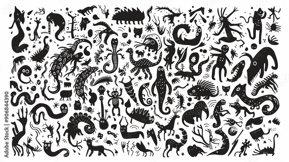 Doodle black linocut cute cryptozoology different elements isolated on 100% white background, Texture, background, pattern Doodle black linocut cute cryptozoology different elements isolated on 100% white background, Texture, background, pattern