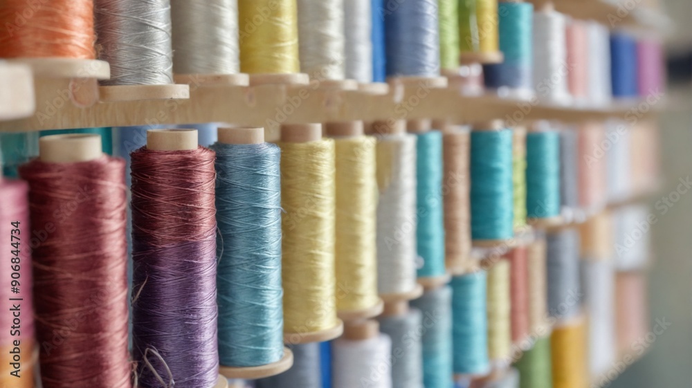 Row spools thread various colors are arranged neat Thread spools Row spools thread various colors are arranged neat Thread spools