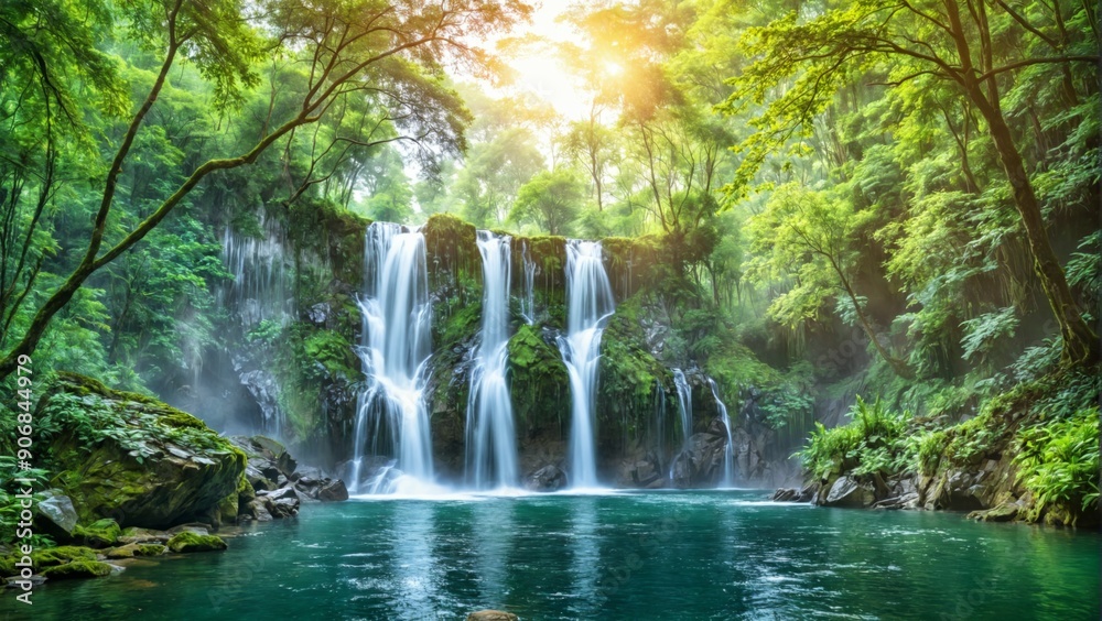 Beautiful waterfall lush green forest cascading down rocky The i Beautiful waterfall lush green forest cascading down rocky The i