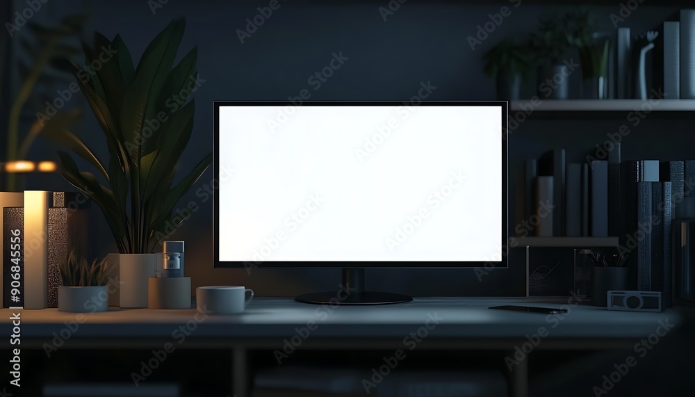 Modern minimalist home office desk with blank computer monitor. Modern minimalist home office desk with blank computer monitor.