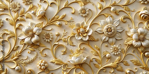 Golden Floral Relief, 3D Art, Ornate Design, Wall Decor, Luxury, Gold, Floral photo