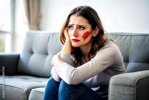 Woman with a broken heart painted on her cheek, looking sad. Heartbreak, sadness, emotional pain, loneliness.