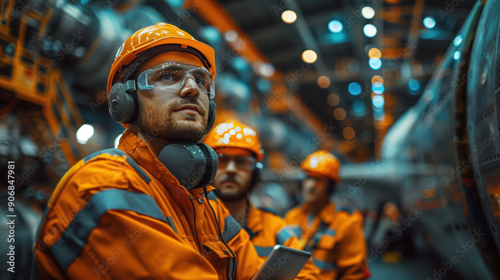 Mechanics Discussing Work in Factory. Group of mechanics in hard hats and safety gear discuss their work in a brightly lit aircraft factory, emphasizing teamwork and safety. Mechanics Discussing Work in Factory. Group of mechanics in hard hats and safety gear discuss their work in a brightly lit aircraft factory, emphasizing teamwork and safety.