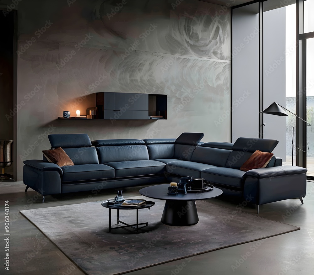 Fototapeta premium Modern Living Room with Blue Leather Sectional Sofa and Coffee Table